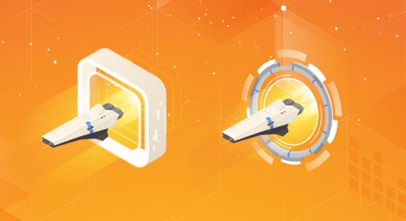 Two space shuttles flying through futuristic portals on an orange background