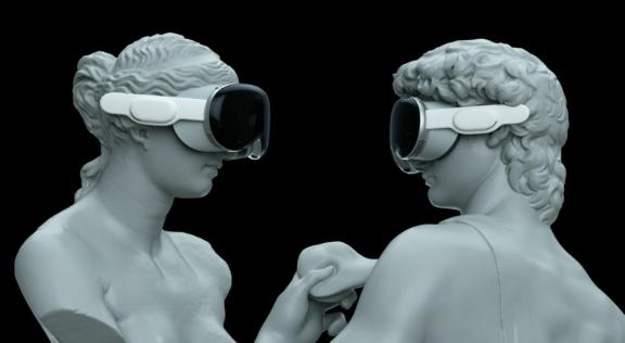 Classical busts wearing virtual reality headsets on a black background
