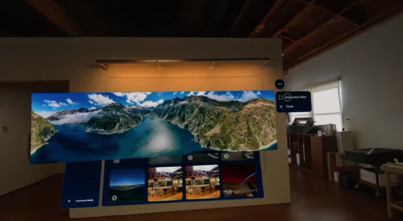 Large panoramic landscape gallery interface on a wall in an office