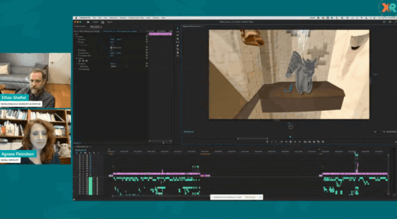 Remote session showing a spatial story prototype inside an editing timeline interface.