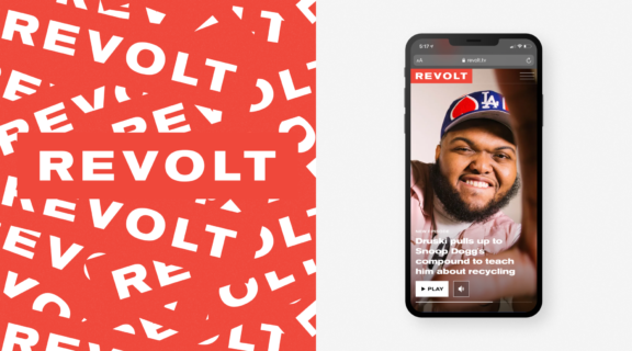 REVOLT red pattern beside a phone showing a cycling video article