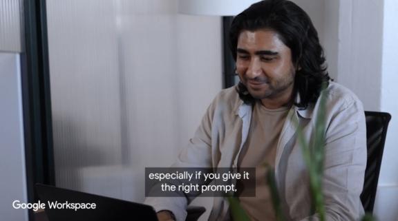 Man at laptop in an office with caption about giving the right prompt and Google Workspace logo