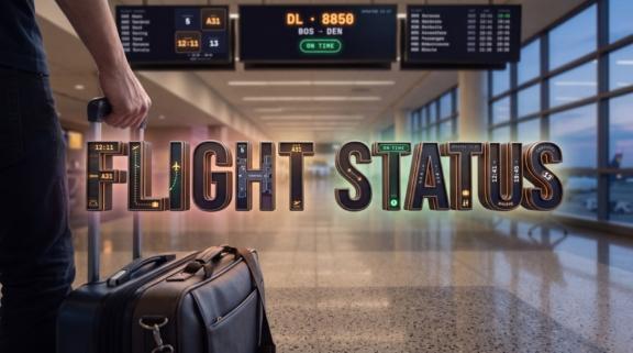 Flight status title Flight Status title graphic over an airport hallway with luggage