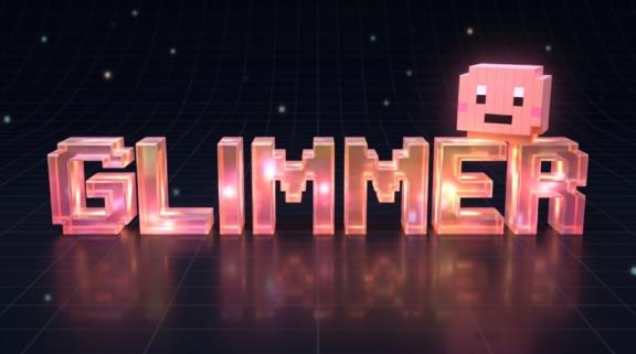 Glimmer title Glowing 3D "GLIMMER" wordmark with a pink pixel character on a dark grid background