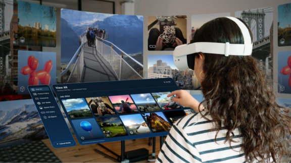 Person wearing a VR headset using a floating media gallery interface