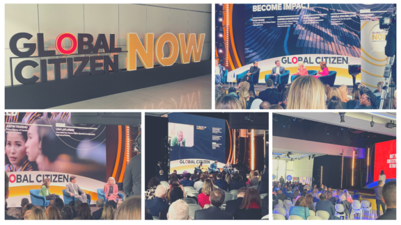 Collage of Global Citizen NOW conference signage and panel sessions