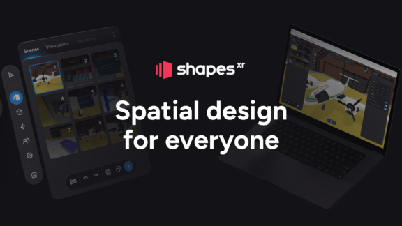 ShapesXR banner reading "Spatial design for everyone" with tablet and laptop UI mockups