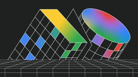 Abstract wireframe buildings with colorful geometric panels on a black background
