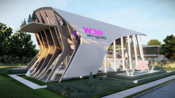 Futuristic white building with curved panels, fountains, and a glowing WOW sign