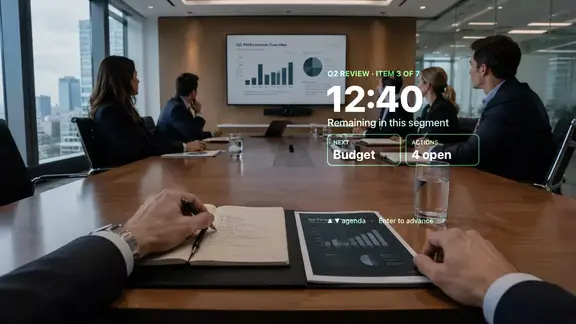 A meeting simulator overlays agenda timing and action items in a conference room.