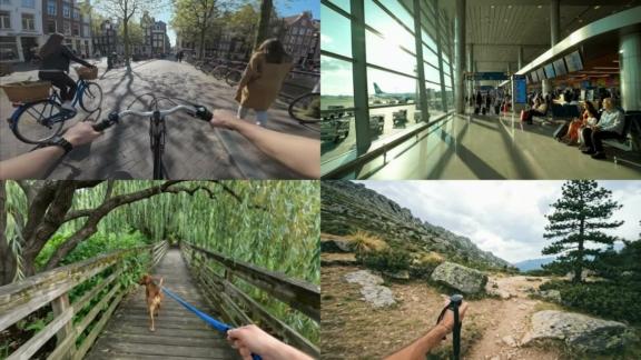 A four-panel collage shows biking, airport waiting, walking a dog, and hiking from a first-person view.