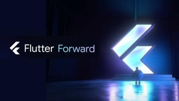 Flutter Forward logo and glowing Flutter symbol on a dark stage