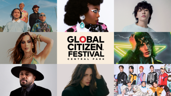 Global Citizen Festival Central Park lineup collage with artist portraits