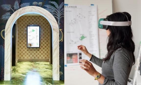 AR exhibit display beside a person using a mixed reality headset