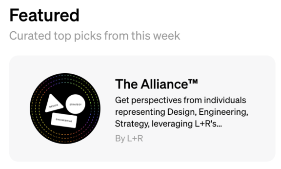 Featured card for The Alliance, curated perspectives from Design, Engineering, and Strategy by L+R
