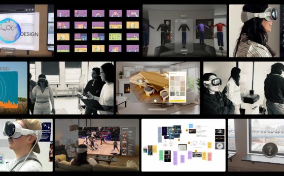 Collage of VR, design, and workspace scenes in a black grid layout