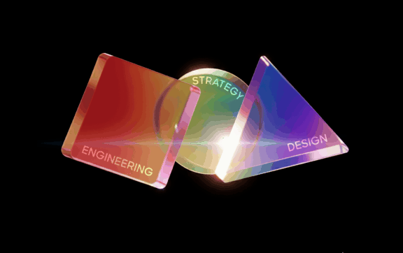 Alliance Desktop Colorful glass shapes labeled Engineering, Strategy, and Design on a black background