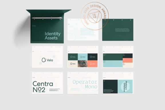 Vela identity assets displayed in a brand presentation layout