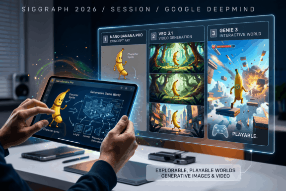 Concept image showing generative media tools for concept art, video generation, and playable worlds.