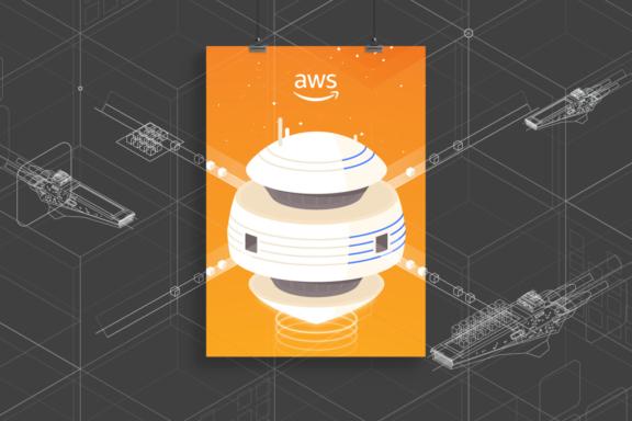 Orange AWS poster with stylized futuristic device on technical line-art background