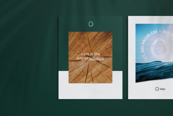 Vela poster designs on a dark green background