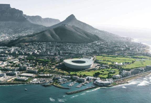 Africa Aerial view of Cape Town coastline, stadium, and mountains
