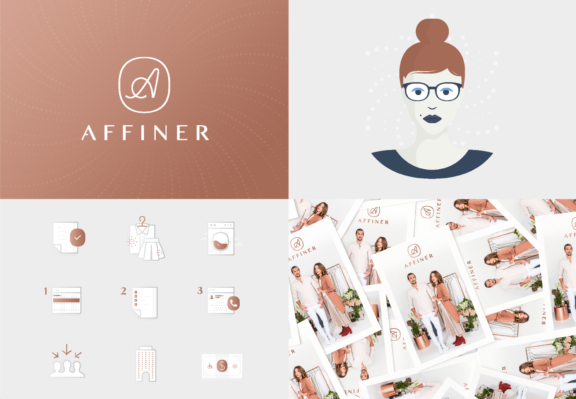 Affiner brand board with logo, illustrated face, app icons, and fashion layouts