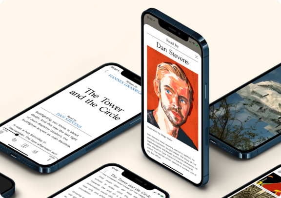 Smartphones displaying articles and artwork in a digital reading layout