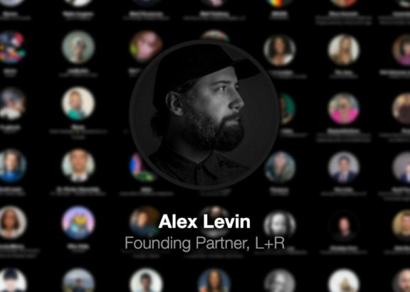 Alex Levin profile card with blurred video call participant grid in the background