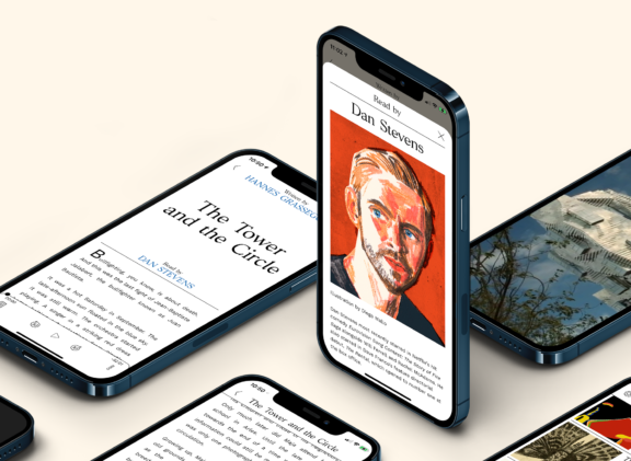 Smartphones displaying reading pages, a portrait page, and video content