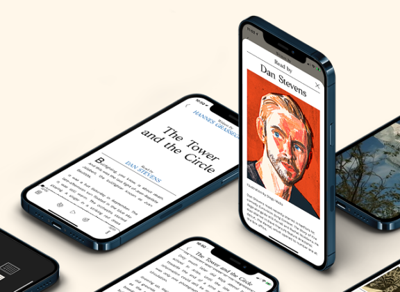Smartphones displaying ebook pages and an illustrated portrait of Dan Stevens
