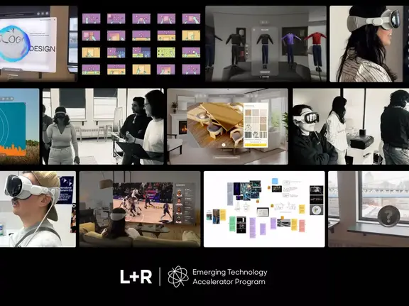 Grid collage of VR and design images with L+R Emerging Technology Accelerator Program branding