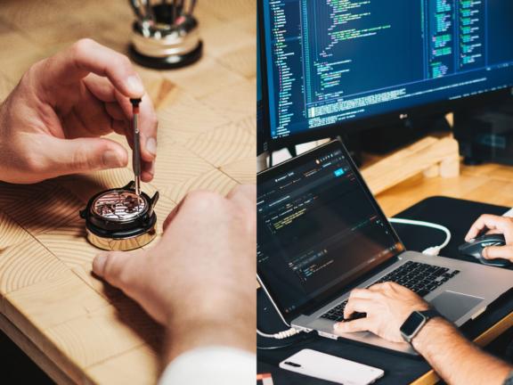 Split view of watch repair and software development on laptop and monitor