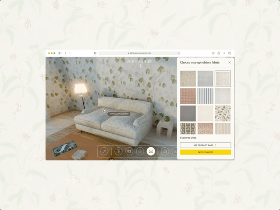 Schumacher House upholstery fabric selector interface over a bedroom scene