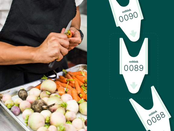Chef hands preparing vegetables beside numbered Rethink ticket graphics.