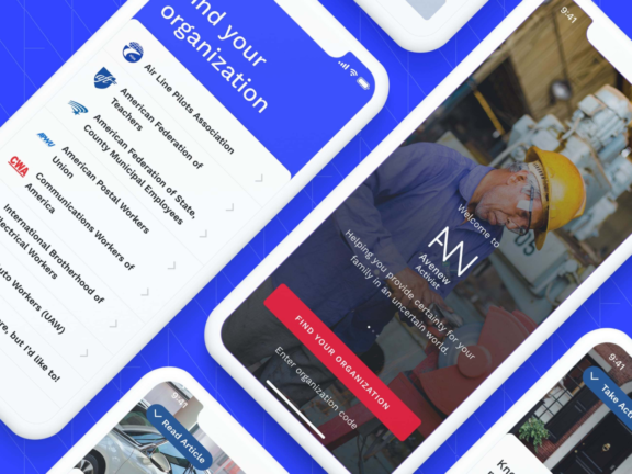 Avenew app screens showing organization search and action cards on a blue background.