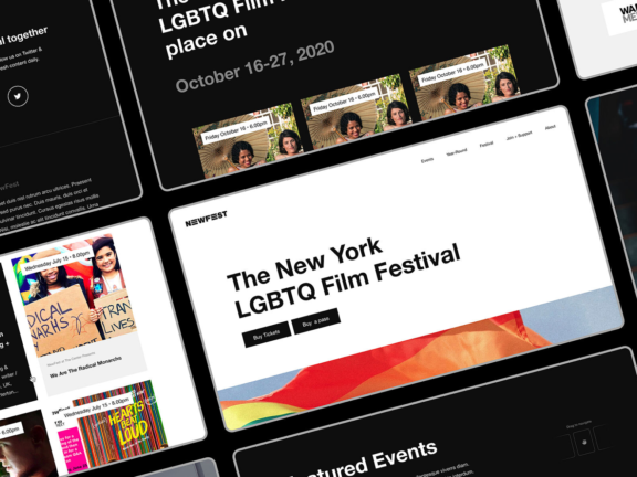 Angled website mockups for The New York LGBTQ Film Festival and event listings