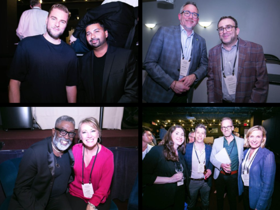 Collage of conference attendees posing in small groups at an event