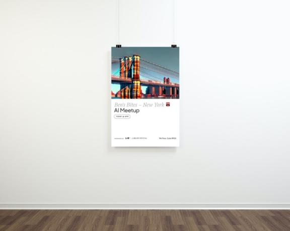 Meetup event poster hanging on a white wall above wood flooring