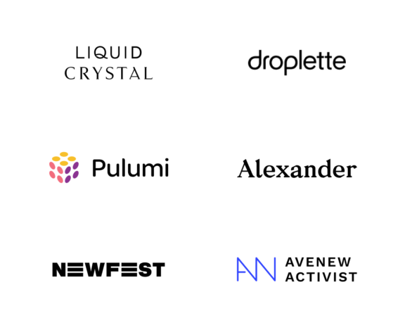 Grid of six brand logos: Liquid Crystal, droplette, Pulumi, Alexander, Newfest, and Avenew Activist