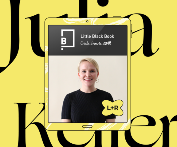 Little Black Book card with portrait and L+R badge on yellow background