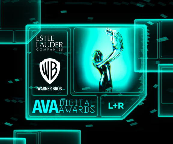 Neon teal AVA Digital Awards graphic with trophy, Este Lauder Companies and Warner Bros. logos