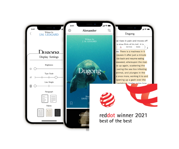Three audiobook app screens for Dugong with Red Dot winner 2021 badge