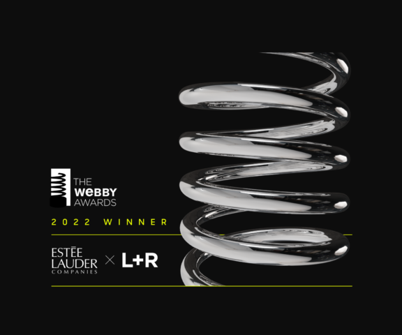 Webby Awards 2022 winner graphic with chrome spiral, Este Lauder Companies and L+R logos