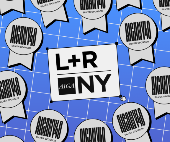 AICANY40 silver sponsor badges around an L+R and AIGA NY logo card