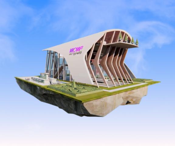 Floating architectural model with WOW logo under blue sky