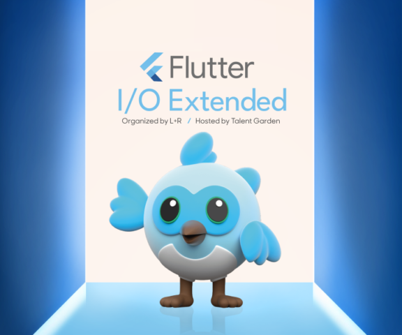 Flutter I/O Extended poster with a blue bird mascot