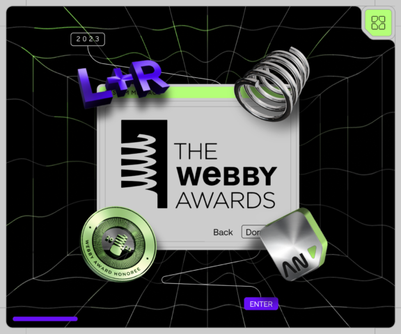 The Webby Awards interface graphic with L+R, medal, and enter button