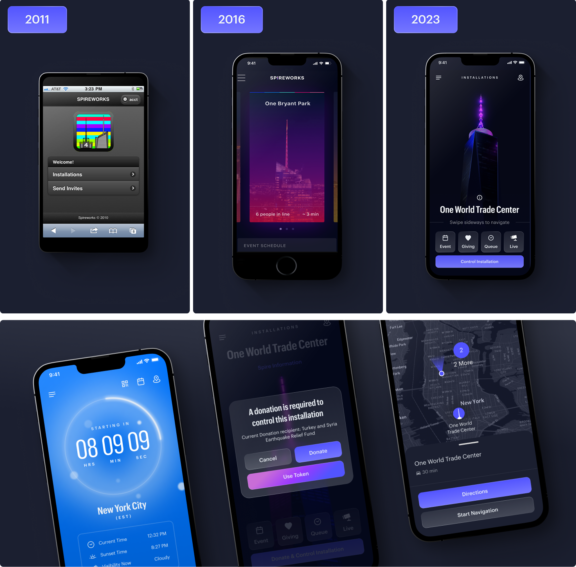 Spireworks app evolution collage with phone screens labeled 2011, 2016, and 2023