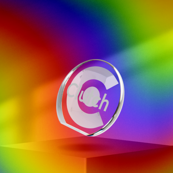 Glass coin with Crunch logo floating over a colorful rainbow gradient background